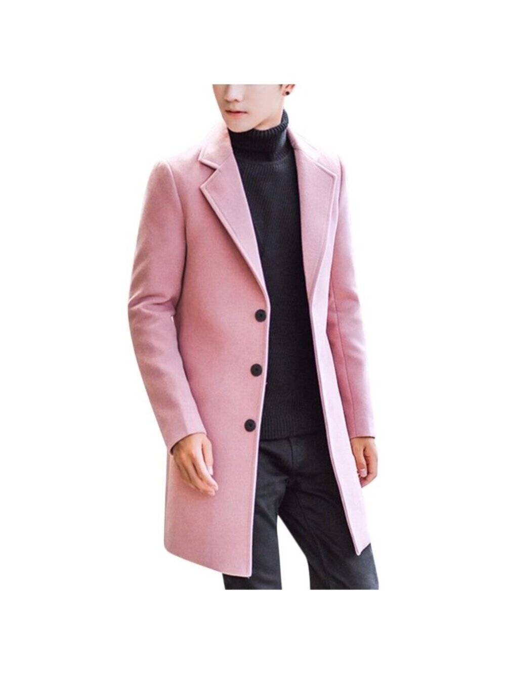 Men Pink Wool Blend Pea Coat Collar Single Breasted Overcoat Trench Coat